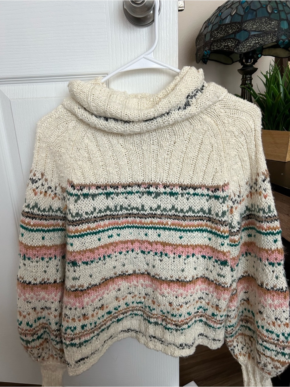 Pilcro - Anthropologie. Cream Turtleneck Sweater with Pink & Green Stripes